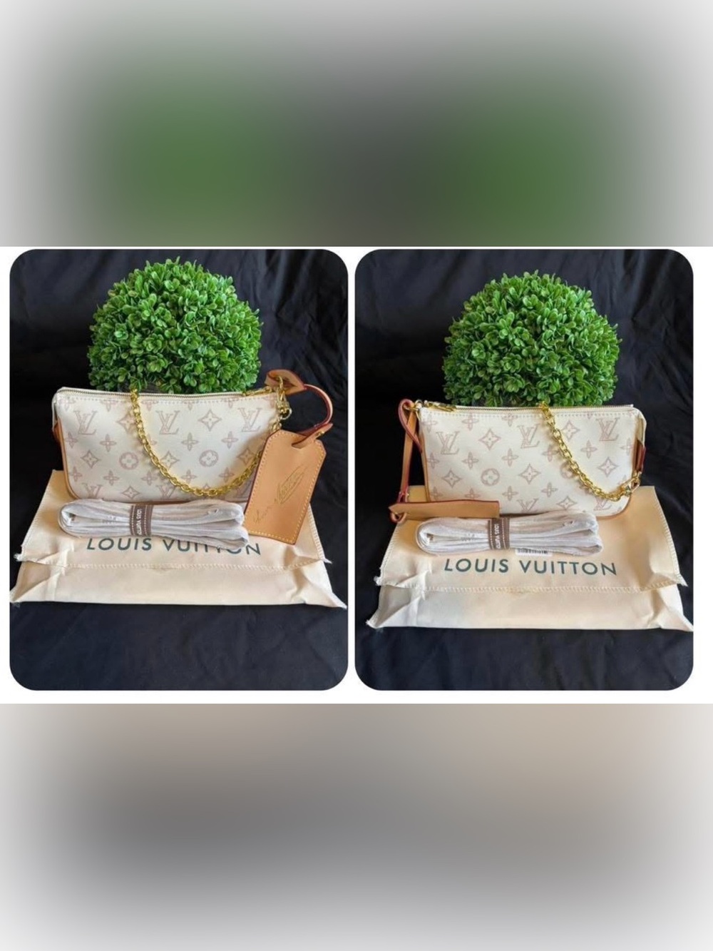 Louis Vuitton Cream Monogram Mini Bag with Tan Trim and Gold Chain